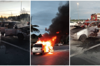 Couple Escapes Fiery Car Blaze at Miri Traffic Lights