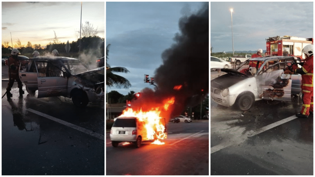 Couple Escapes Fiery Car Blaze at Miri Traffic Lights