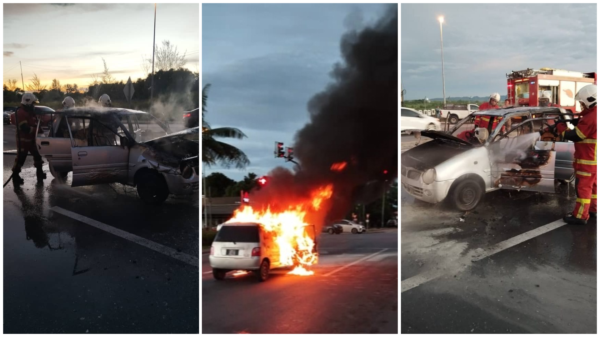 Couple Escapes Fiery Car Blaze at Miri Traffic Lights