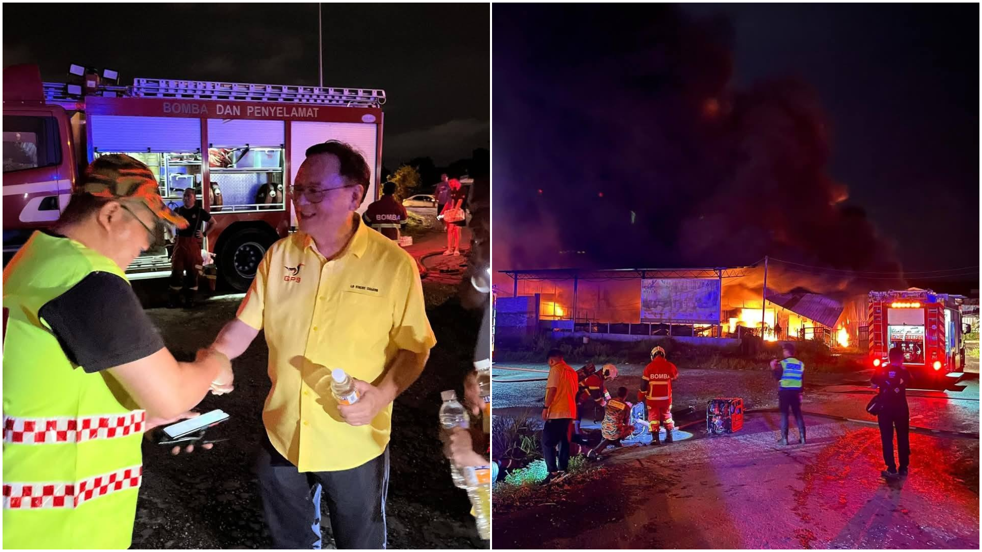 Inferno Destroys Plastic Factory in Kuching, YB Lo Visits Fire Scene