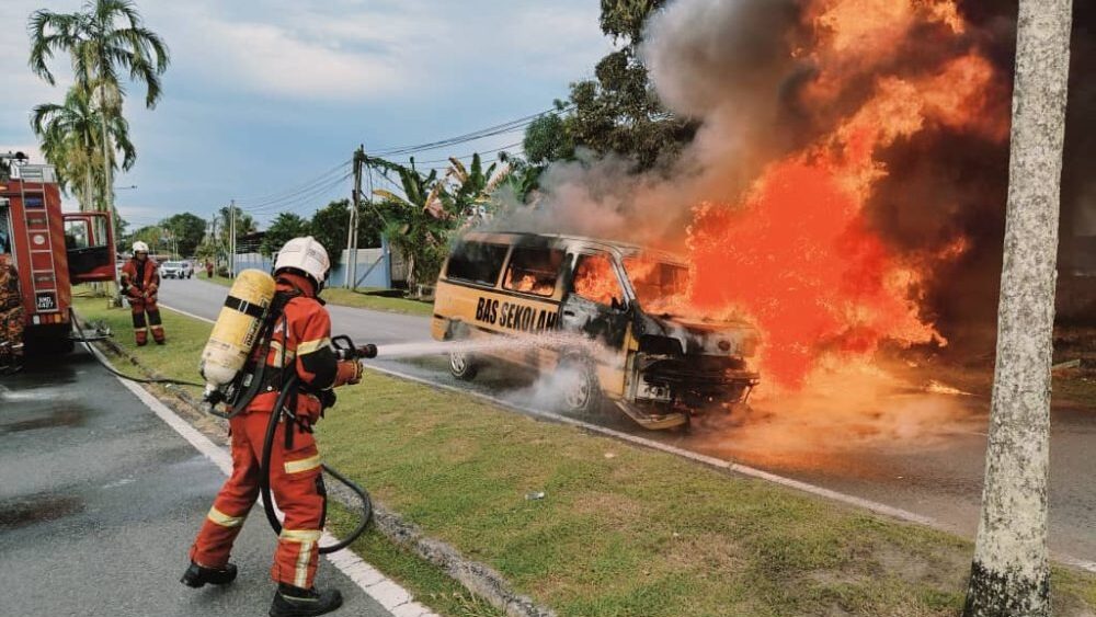 School Van Catches Fire in Miri, No Injuries Reported