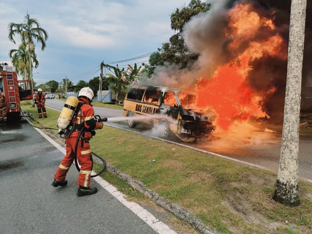 School Van Catches Fire in Miri, No Injuries Reported