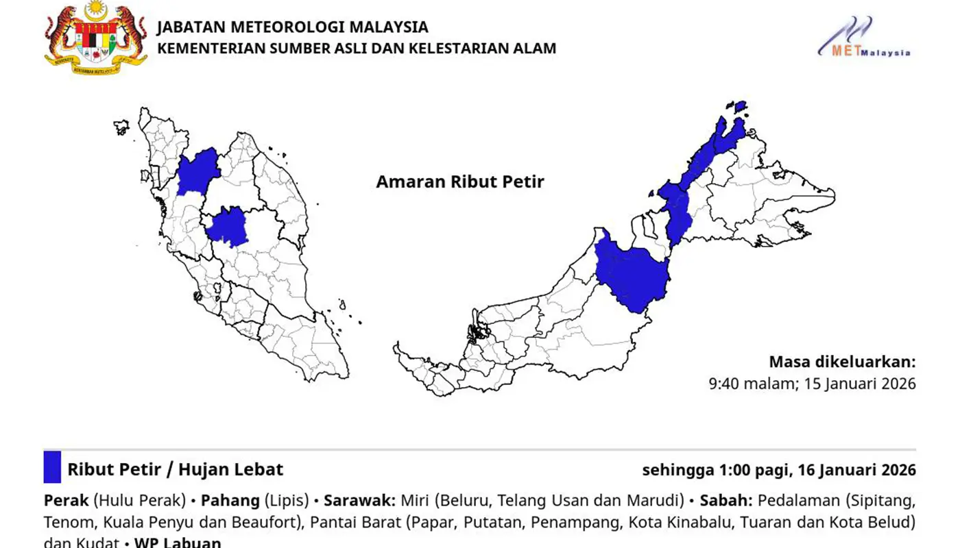 Thunderstorm Warning Issued for Several Malaysian States (16 Jan.) 1 Sarawak, Sarawak News, Miri, Miri News, Perak, Pahang, Sabah, Labuan, Weather Alert, Malaysian Meteorological Department, Thunderstorm Warning
