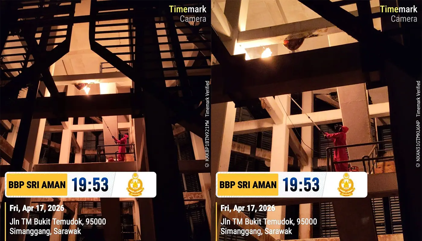 Sri Aman Firefighters Remove Hazardous Bee Nest at Kem Temudok 1 Sarawak, Sarawak News, Sri Aman, Sri Aman News, Fire and Rescue, Public Safety, Bee Nest Removal, Community Protection