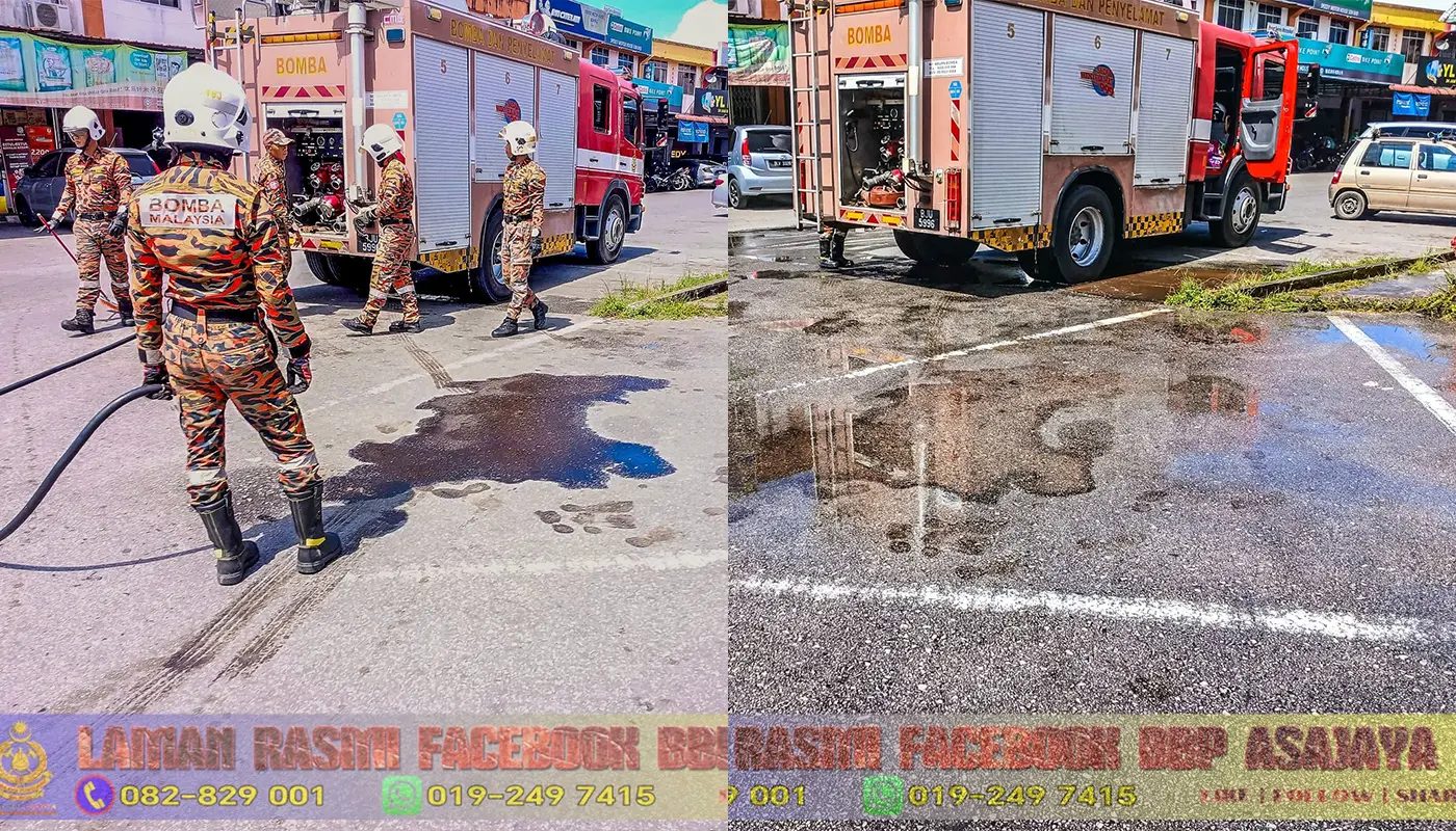 Firefighters in Asajaya Clean Oil Spill at Town 1 Sarawak, Sarawak News, Asajaya, Asajaya News, Fire and Rescue Department, Oil Spill, Public Safety
