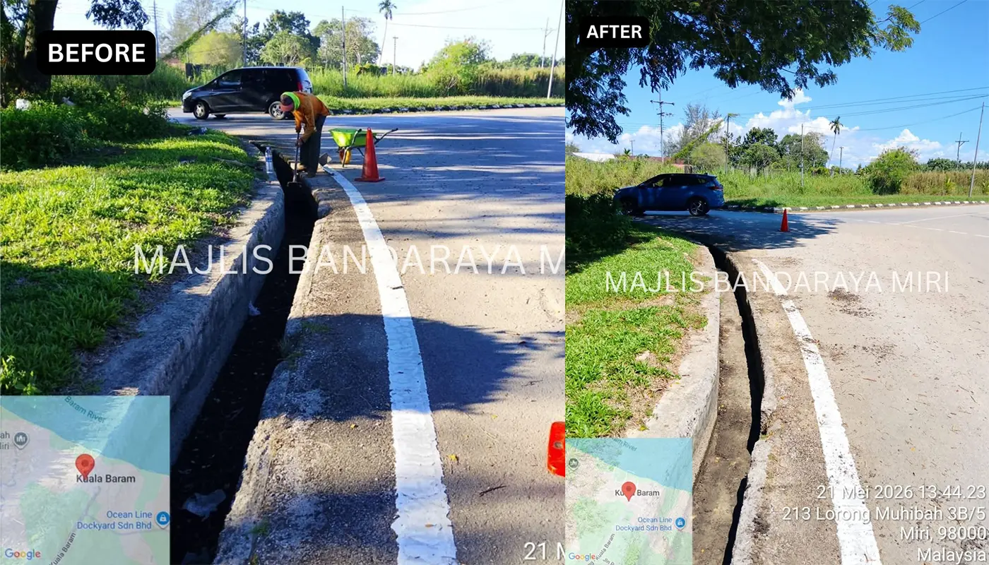 Drain Maintenance Works Completed at Lorong Muhibbah 3B/5, Miri 1 Sarawak, Sarawak News, Miri, Miri News, Drainage Maintenance, Public Works, Flood Prevention, Miri City Council