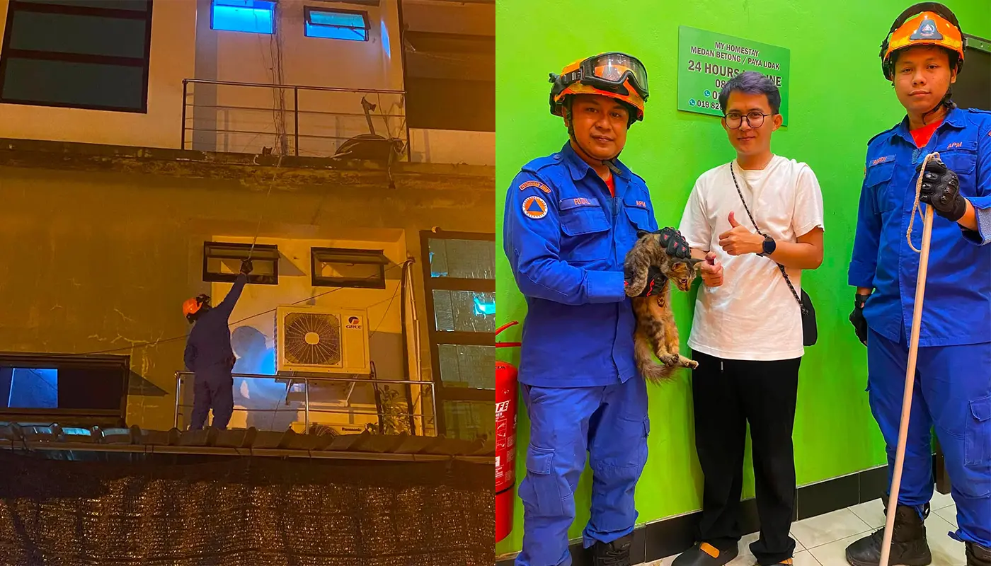 APM Betong Rescues Trapped Cat From Shop Balcony 1 Sarawak, Sarawak News, Betong, Betong News, Civil Defense Force, Animal Rescue, Public Safety, APM Betong, Community Service, Medan Betong