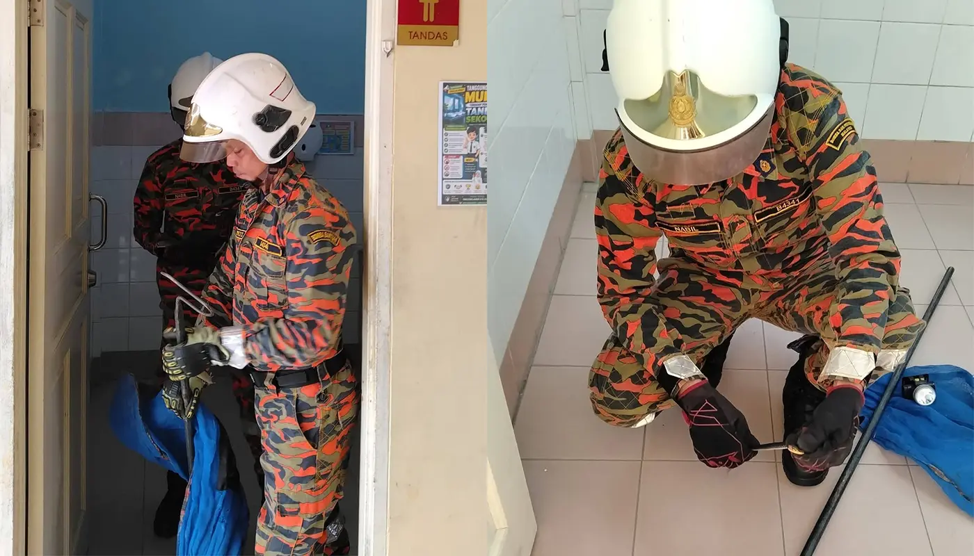 Snake Safely Removed from SMK Sibu Jaya Toilet by BBP 1 Sarawak, Sarawak News, Sibu, Sibu News, SMK Sibu Jaya, Snake Catching, Public Safety, Emergency Response